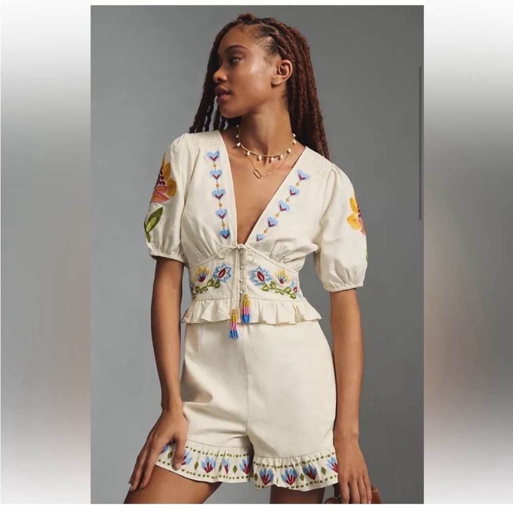 Anthropologie Farm Rio Embroidered Peplum Romper Floral Ruffled size XS